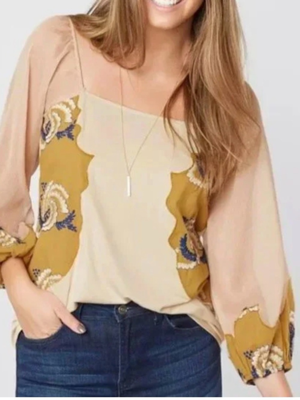 Gimmicks by BKE Multi-Media Embroidered Sheer Puffed Sleeve Too Size Large